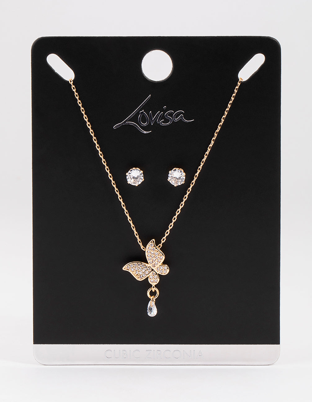 Gold Cubic Zirconia Butterfly Dangle Earrings & Necklace Set