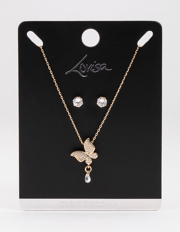 Gold Cubic Zirconia Butterfly Dangle Earrings & Necklace Set