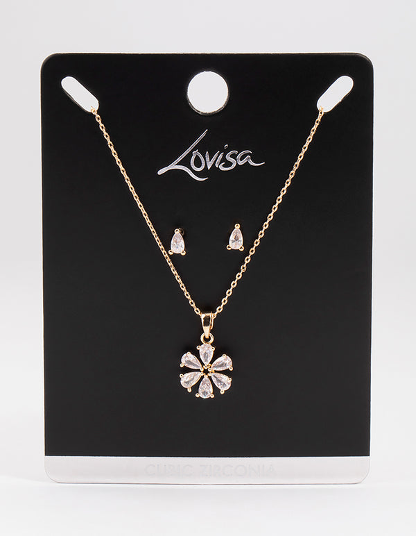 Gold Cubic Zirconia Pear Flower Earrings & Necklace Set