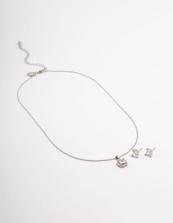 Silver Square Halo Earrings & Necklace Set