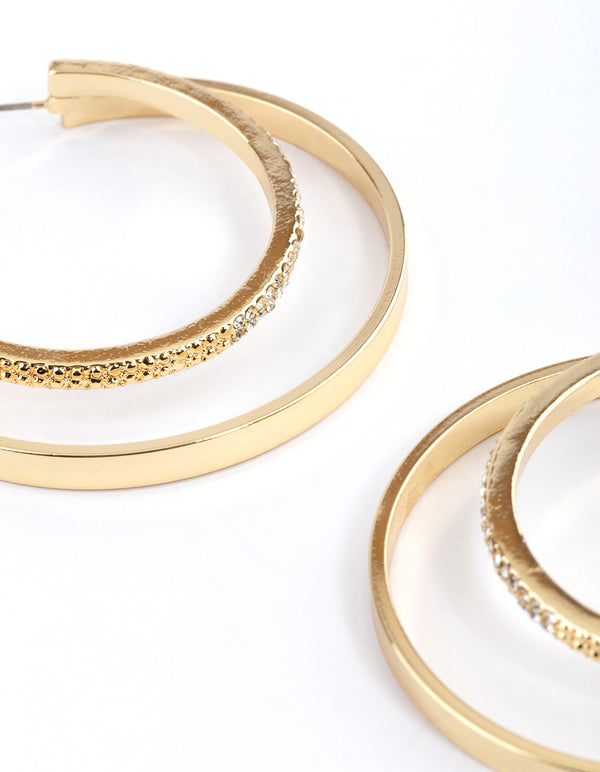 Gold Plated Large Layered Diamante Double Hoop Earrings