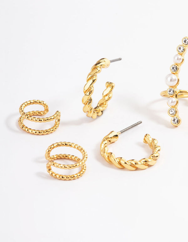 Gold Plated Pearl Diamante Cuff & Double Hoop Earring Pack