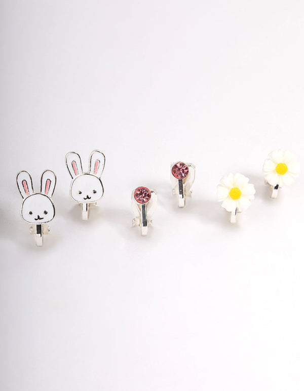 Kids Bunny Flower Clip On Earrings 6-Pack