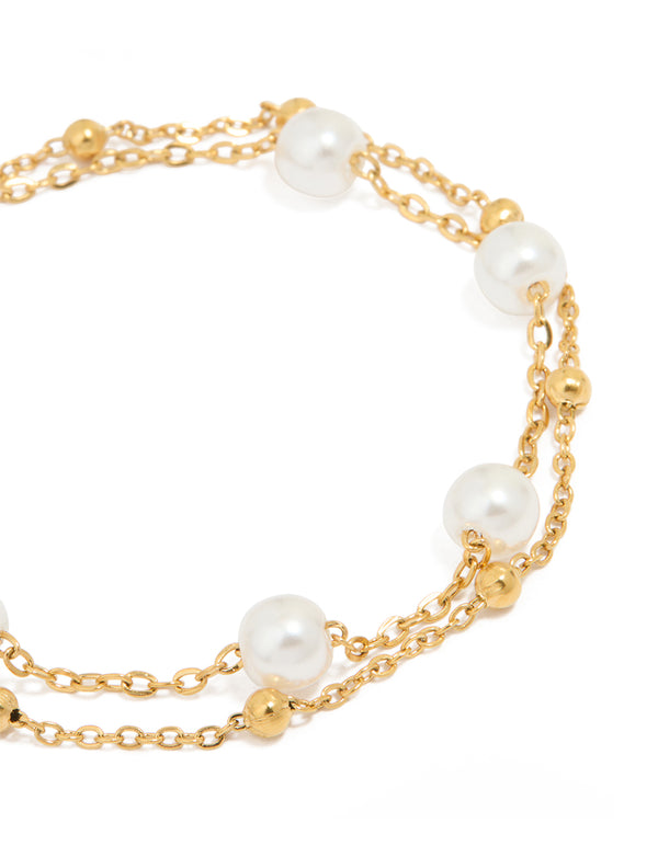 Waterproof Gold Plated Stainless Steel Double Layer Pearl Ball Bracelet
