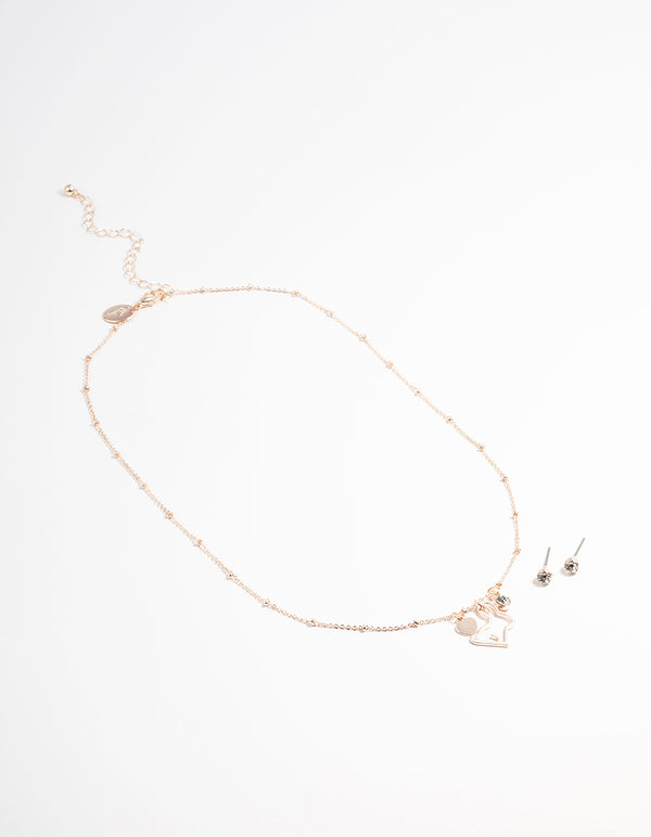 Rose Gold Bunny Diamante Necklace & Stud Earrings