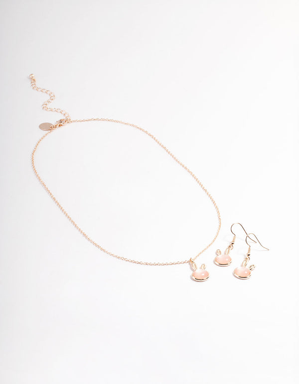 Rose Gold Blush Bunny Necklace & Drop Earrings Set