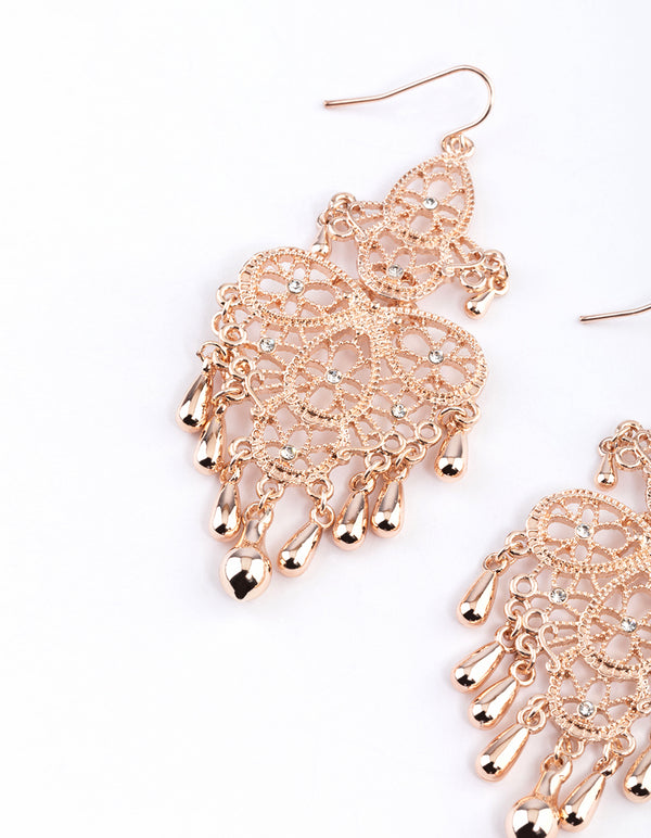 Rose Gold Statement Filigree Tassel Drop Earrings