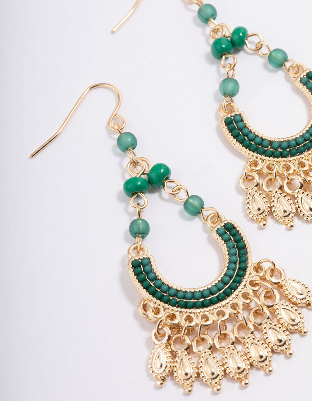 Gold & Green Bead Tassel Crescent Drop Earrings