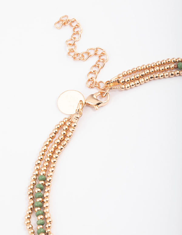 Gold Triple Row Hammered Disc Mixed Bead Necklace