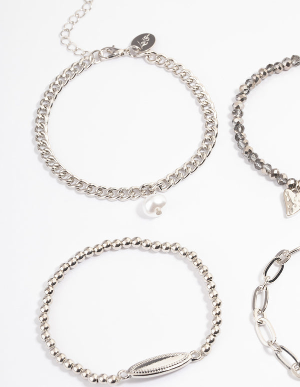 Silver Multirow Chain Facet Bead Bracelet Pack