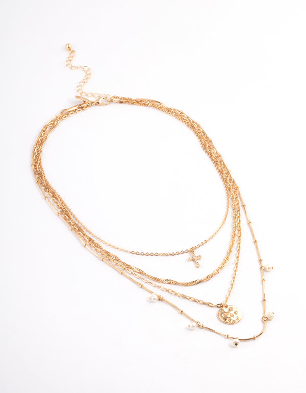 Gold Freshwater Pearl Layered Cross Necklace