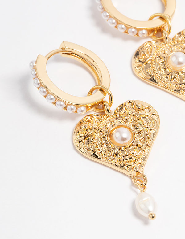 Gold Plated Detailed Freshwater Pearl & Heart Drop Huggie Earrings