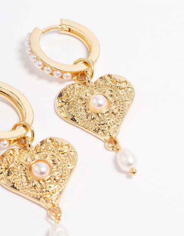 Gold Plated Detailed Freshwater Pearl & Heart Drop Huggie Earrings