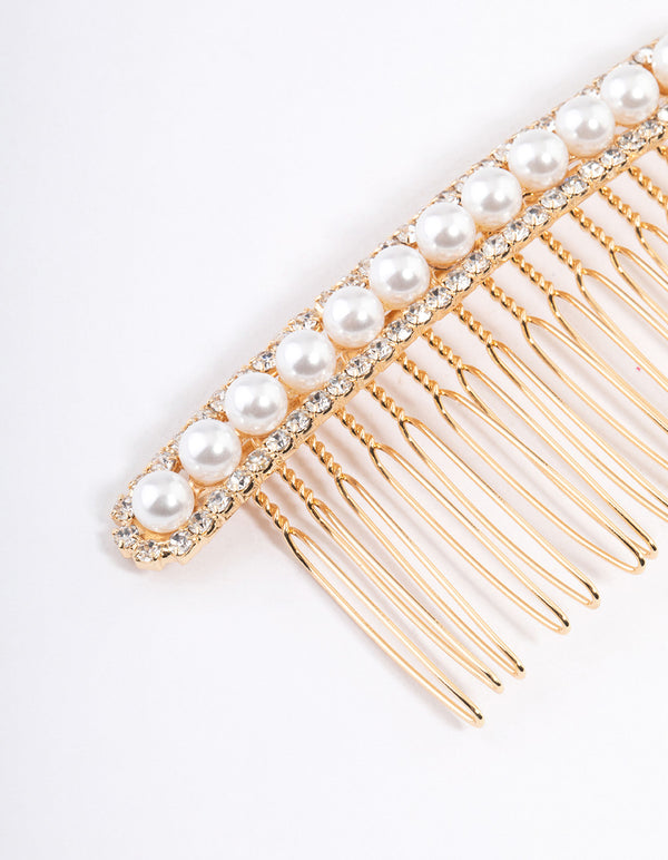 Gold Diamante & Pearl Stripe Comb