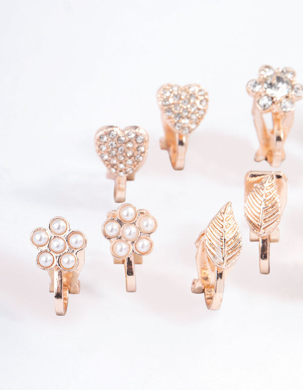 Rose Gold Pave Heart Flower Clip On Earrings 5-Pack