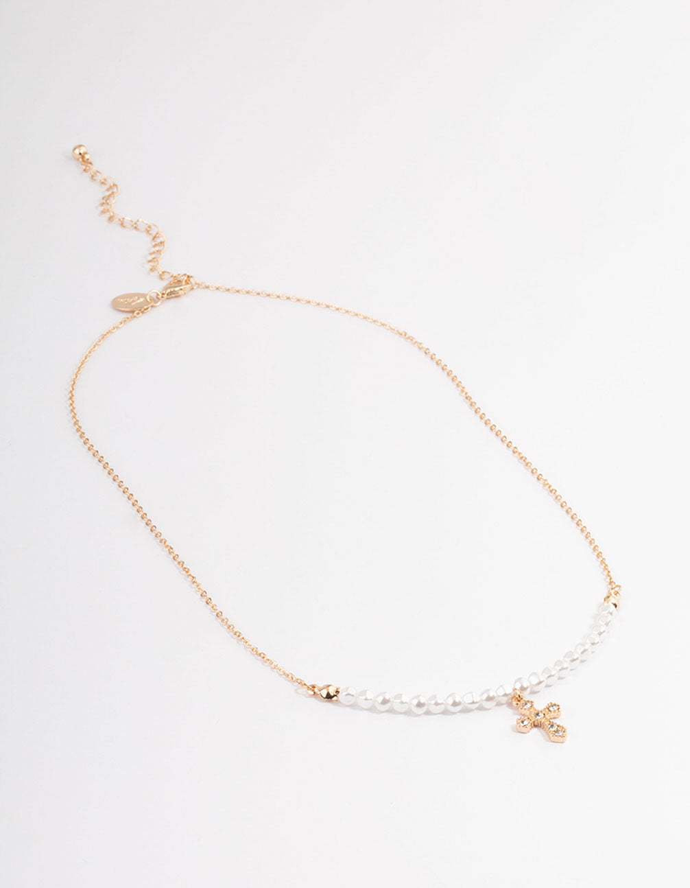 Gold Pearl Diamante Cross Necklace