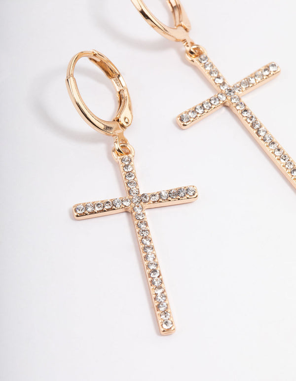 Gold Diamante Cross Huggie Earrings