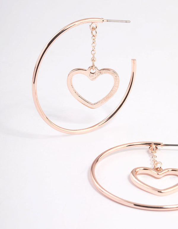 Rose Gold Heart Drop Hoop Earrings