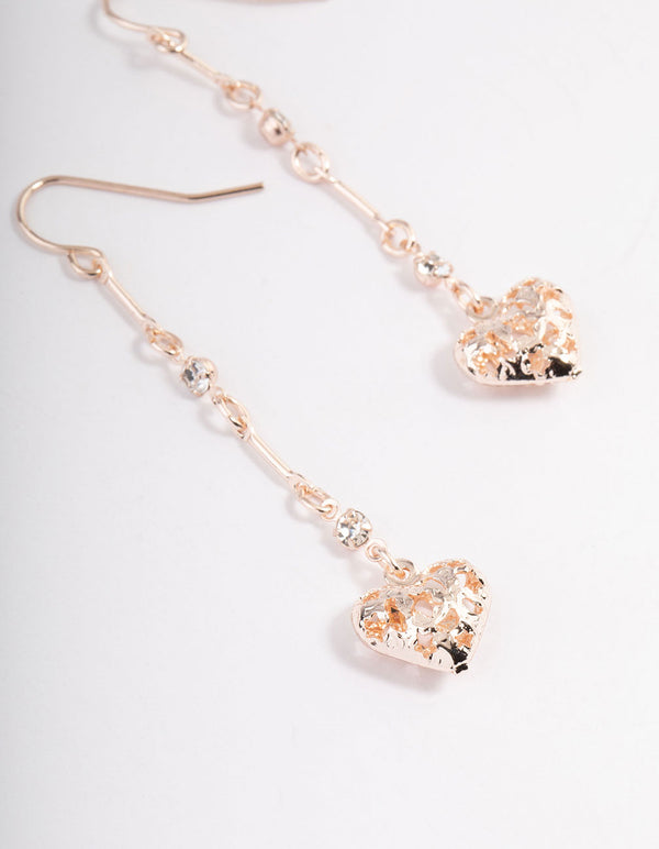 Rose Gold Diamante Filifgree Heart Drop Earrings