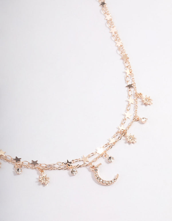 Rose Gold Double Row Star Coin Motif Necklace