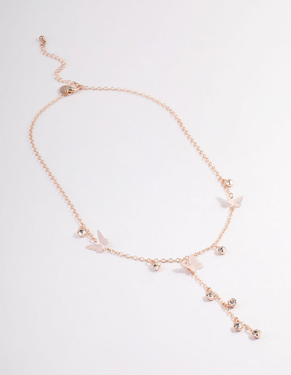 Rose Gold Mix Butterfly & Diamante Y-Necklace