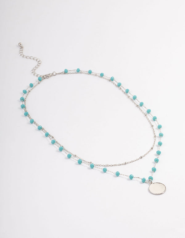 Silver Double Row Facet Bead Circle Disc Necklace