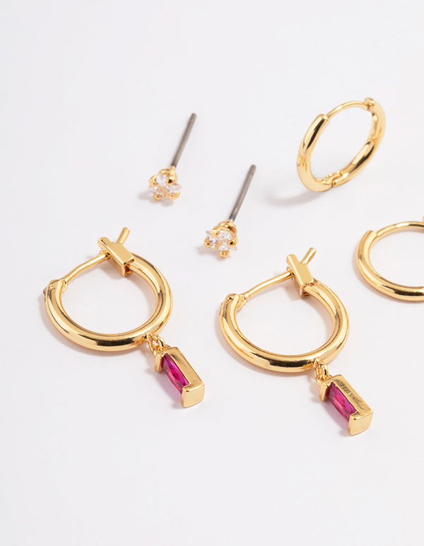 Gold Plated Brass Cubic Zirconia Fuschia Cut Hoop Earrings 6-Pack