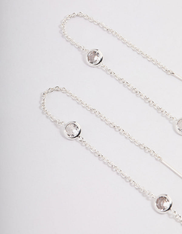 Silver Cubic Zirconia Circle Thread Through Earrings
