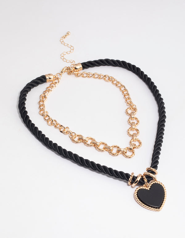 Gold Double Row Twist Rope Heart Necklace