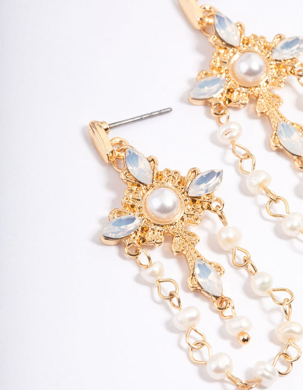 Gold Plated Embellished Freshwater Pearl Cross Earrings