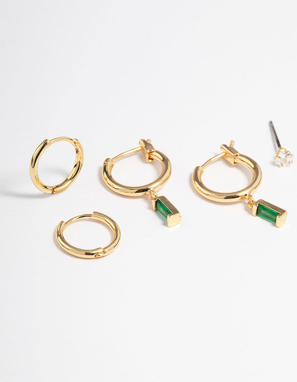Gold Plated Cubic Zirconia Emerald Cut Huggie Earrings 6-Pack