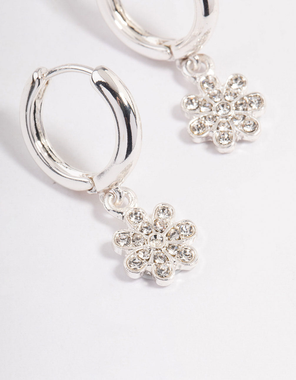 Silver Flower Diamante Drop Huggie Earrings
