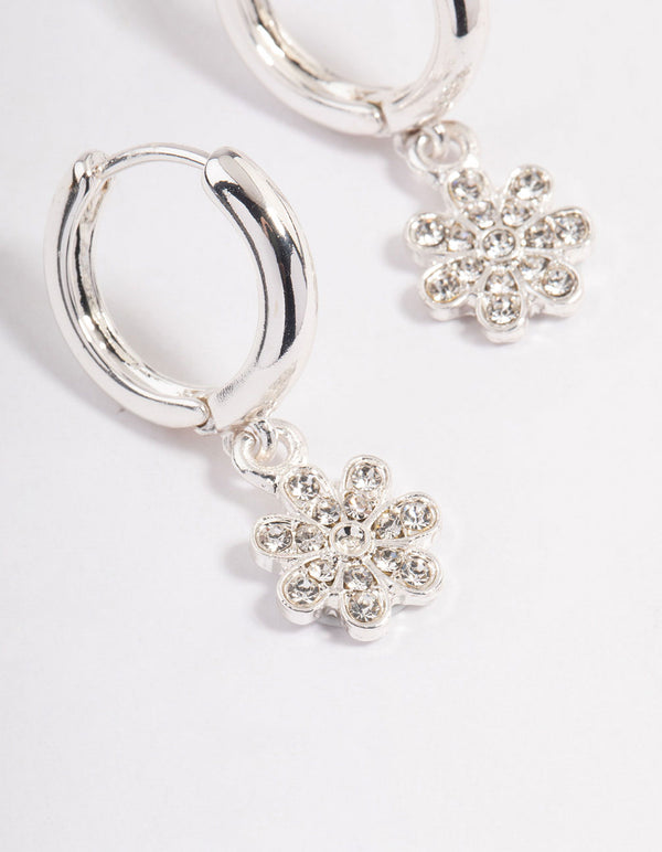 Silver Flower Diamante Drop Huggie Earrings