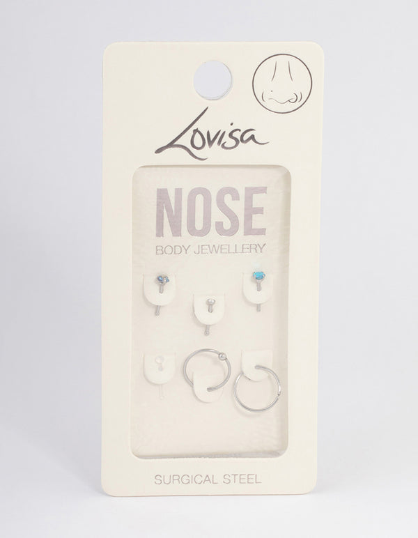 Surgical Steel Blue Nose Stud 6-Pack