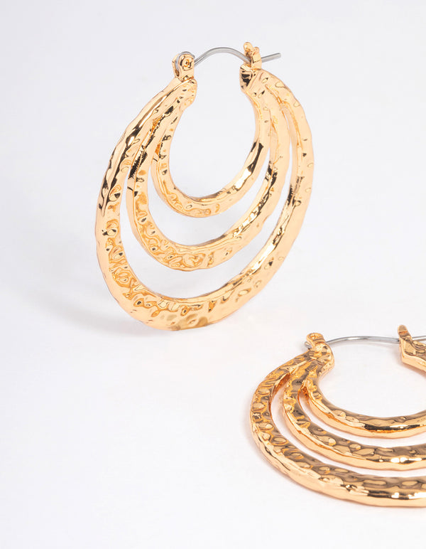 Gold Plated Hammered Trio Row Hoop Earrings
