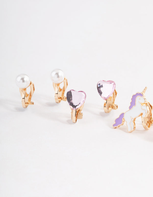Kids Gold Unicorn & Pearl Clip On Earrings 5-Pack