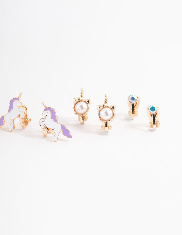 Kids Gold Unicorn & Pearl Clip On Earrings 5-Pack