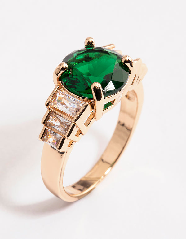 Gold & Emerald Green Round Baguette Ring