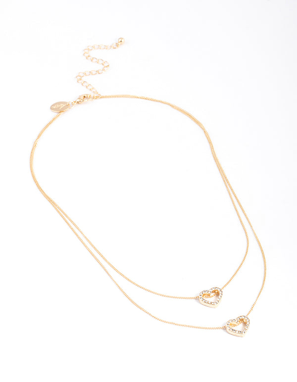 Gold Double Diamante Open Heart Layered Necklace