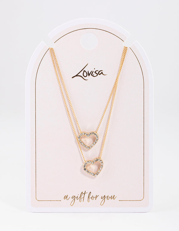 Gold Double Diamante Open Heart Layered Necklace