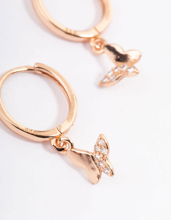Rose Gold Plated Sterling Silver Diamante Butterfly Huggie Earrings