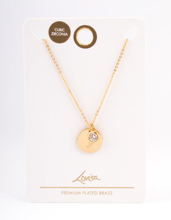 Gold Plated 'Mama' Script Disc Cubic Zirconia Necklace