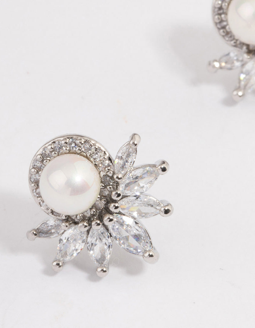 Silver Plated Cubic Zirconia Fan Pearl Stud Earrings