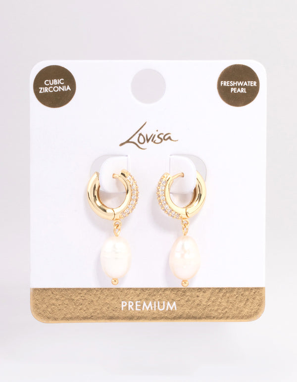 Gold Plated Freshwater Pearl Thick Huggie Earrings
