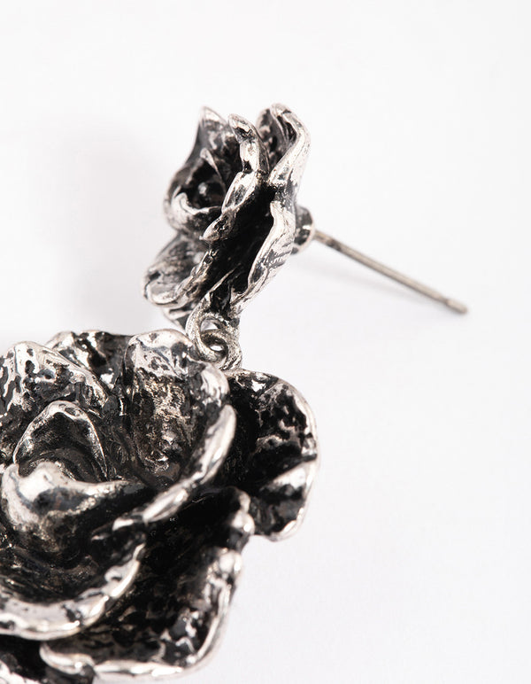 Brushed Silver Double Rose Drop Earrings