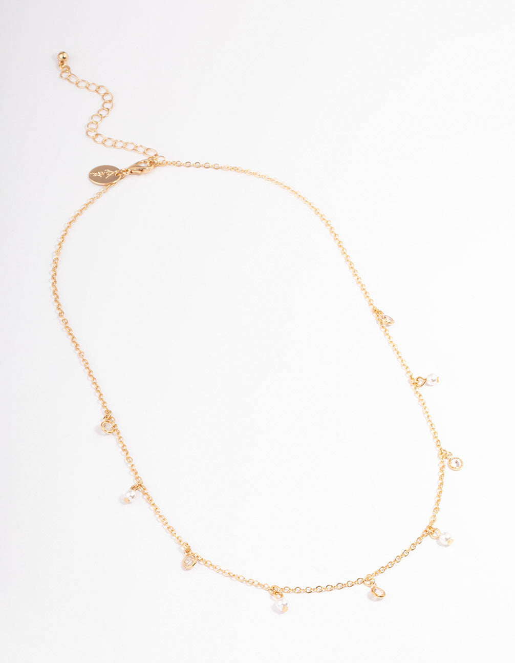 Gold Diamante & Pearl Drop Station Necklace