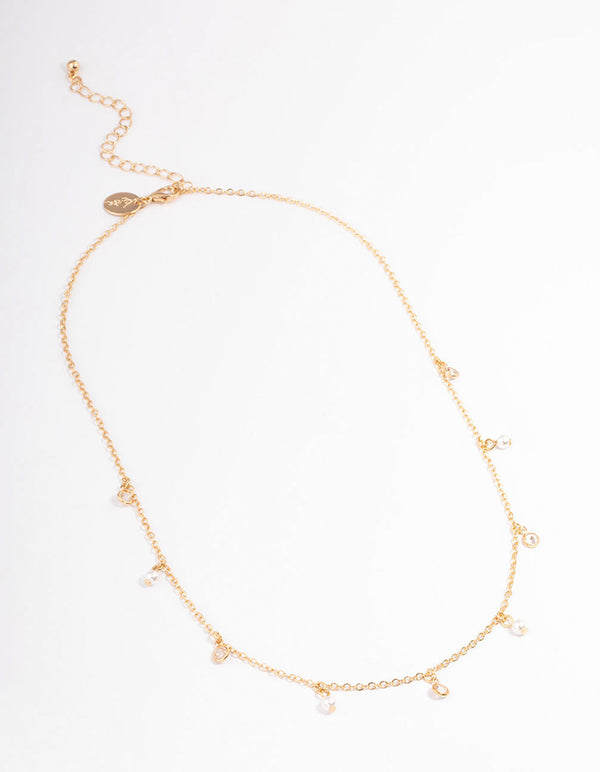Gold Diamante & Pearl Drop Station Necklace