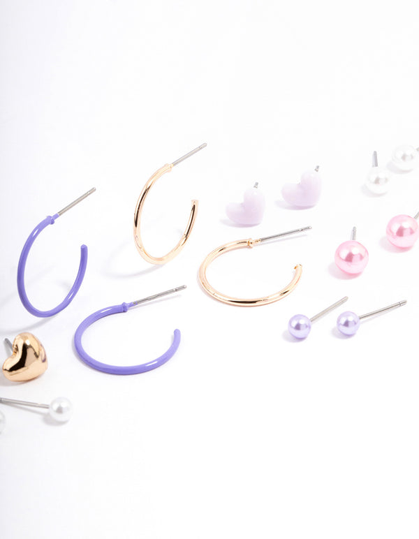 Gold Classic Pearl & Heart Earrings 8-Pack