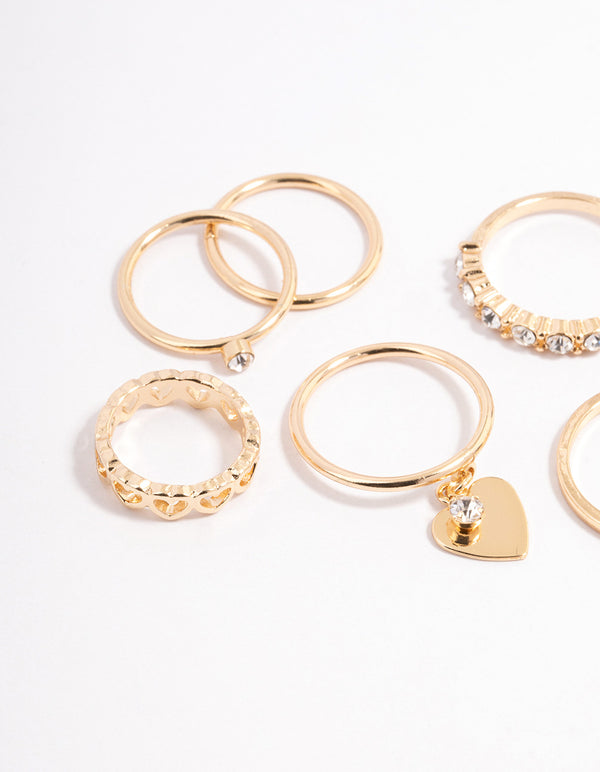 Gold Diamante & Heart Charm Ring Pack