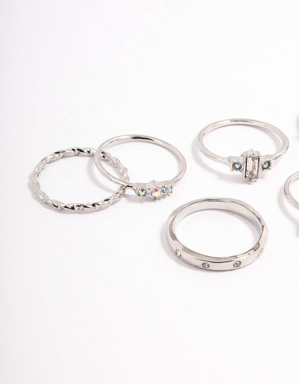 Silver Mixed Stone & Leaf Ring 8-Pack